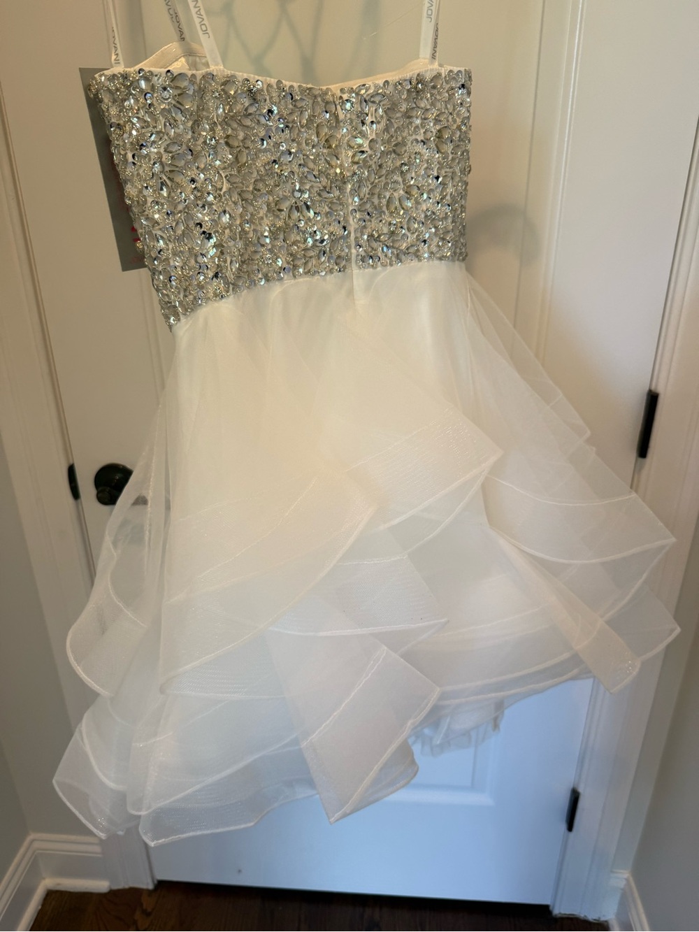 Jovani White and Silver Crystal Bodice Tiered Organza Girls  Dress Never Worn.